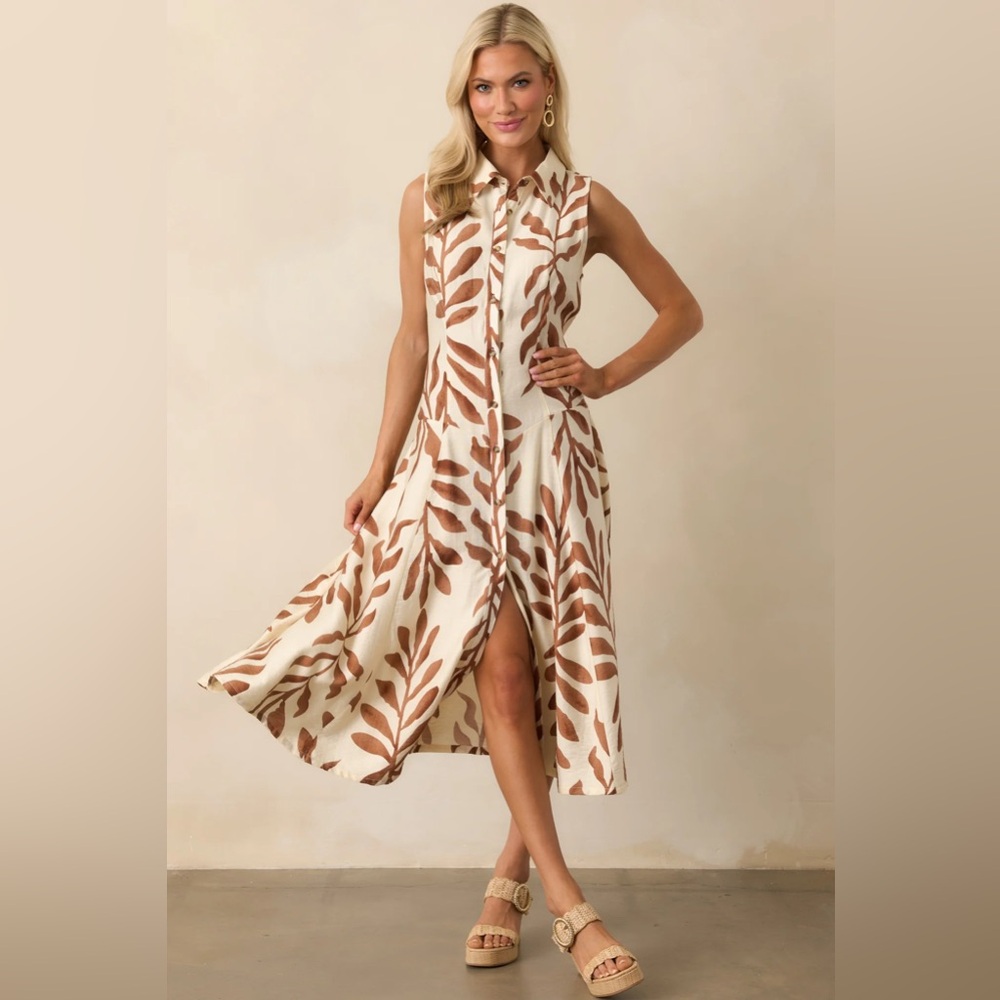 Red Dress Boutique Cream and Brown Sleeveless Button-Front Midi Dress